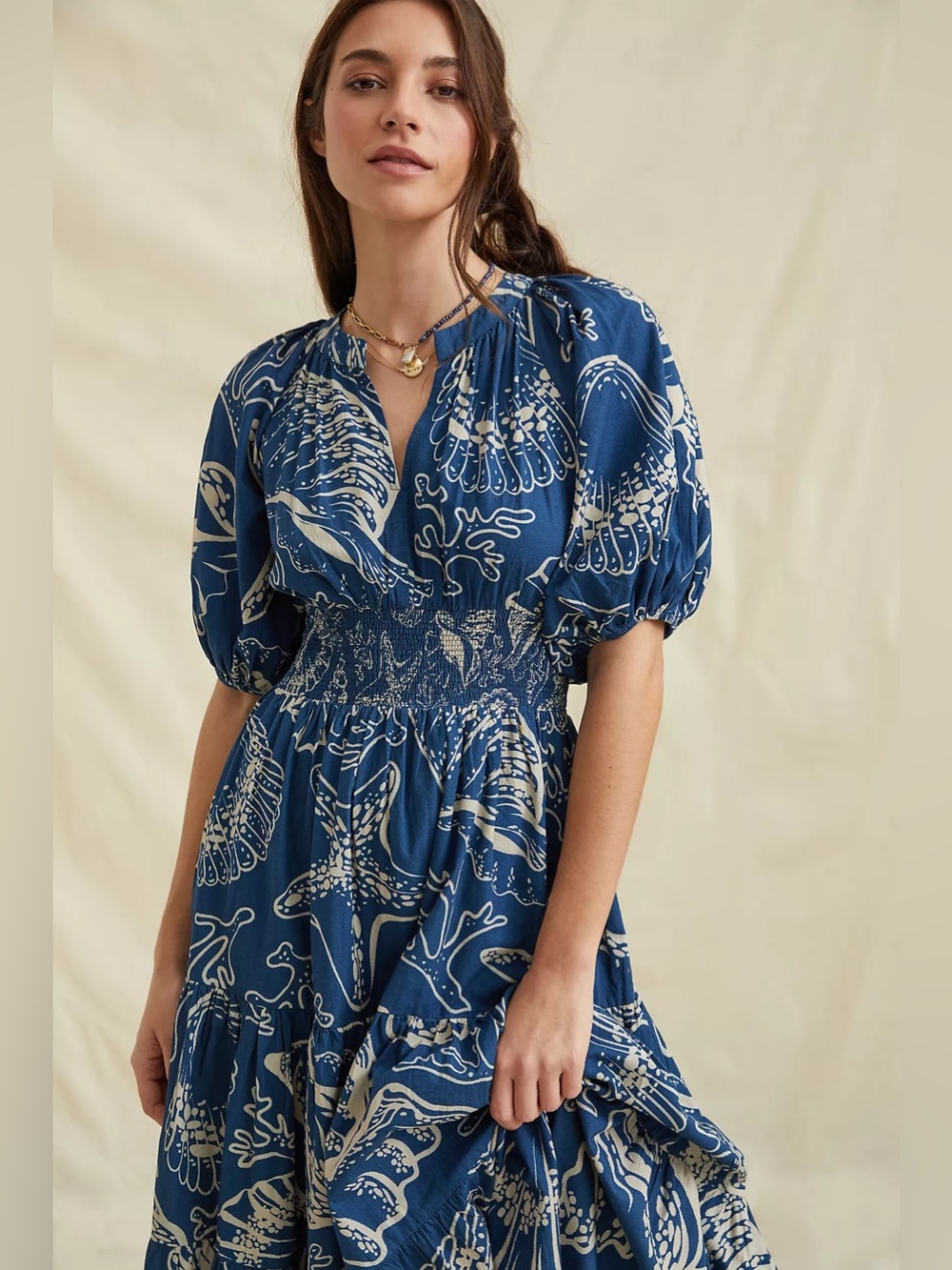 Anthropologie Conditions Apply Puff-Sleeved Nautical Dress blue/cream Size 10